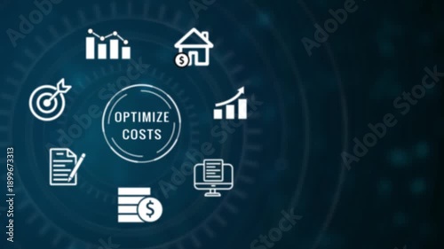Conceptual infographic on cost optimization featuring for goals charts documents money and housing within a circular technological interface on a dark blue background with digital effects