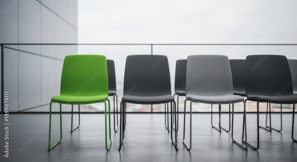 Obraz premium Modern office space with a row of chairs, one green, others grey. Exterior view