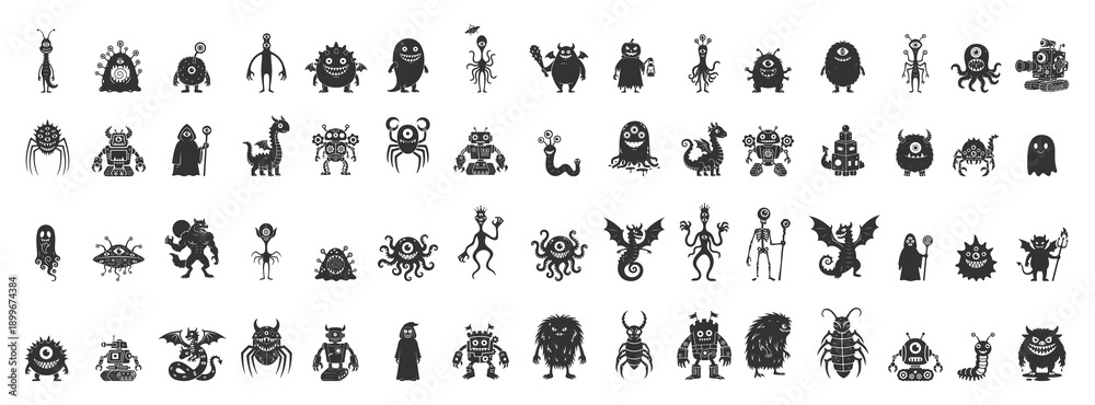 Obraz premium Collection of Cute One Eyed Monsters, Fantasy Doodles, Hand Drawn