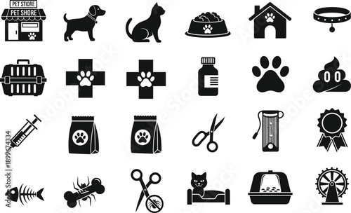 Pet care icons silhouettes vector illustration, dog cat supplies design, veterinary medical artwork, grooming feeding housing template, cartoon concept for pet store and education