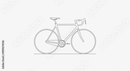 A minimalist line drawing of a road bicycle with a focus on its frame, wheels, and handlebars.