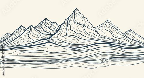 A minimalist line art illustration depicting a majestic mountain range with flowing, wavy contours against a light background.