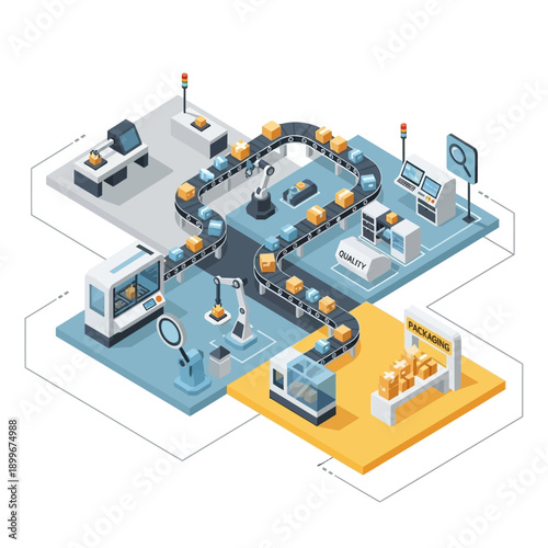 Automated Factory Production Line with Robotic Arms and Conveyor Belts.