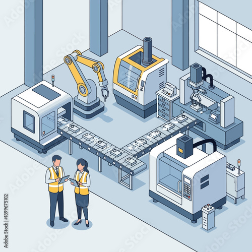 Automated Manufacturing Factory with Robotic Arm and CNC Machines.