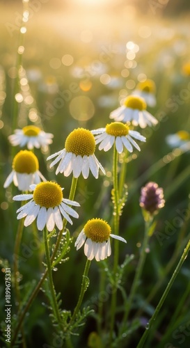 Chamomile flowers in a field at sunrise, bathed in golden light.