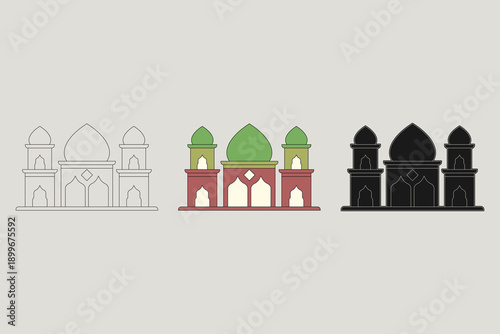 Mosque illustration with three different styles. Grand classic mosque with a combination of red and green colors. Ramadan theme. Vector illustration.