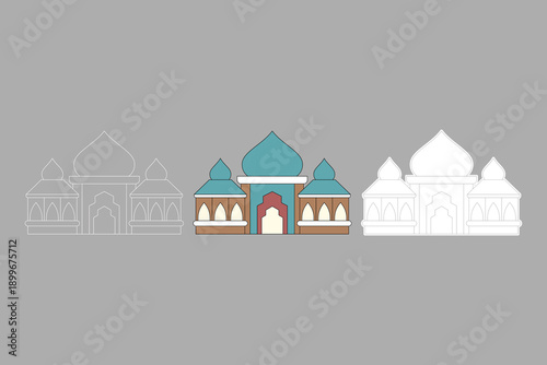 Mosque illustration with three different styles. Grand classic mosque with a combination of red, blue, and brown colors. Ramadan theme. Vector illustration.