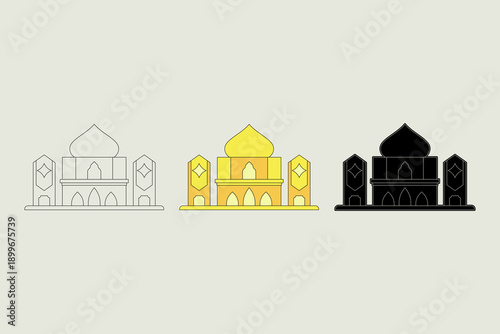 Mosque illustration with three different styles. Grand classic mosque with a luxurious combination of yellow and orange colors. Ramadan theme. Vector illustration.