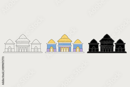 Mosque illustration with three different styles. Aesthetic mosque with a combination of purple, blue, and yellow colors. Ramadan theme. Vector illustration.