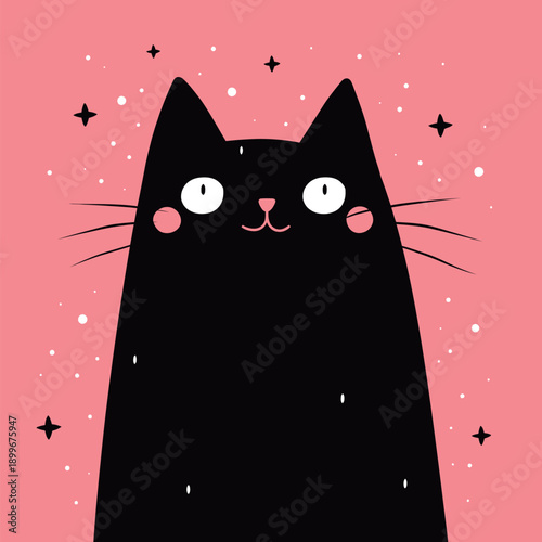 A black cat with big eyes and round cheeks is the main subject. It stands against a pink background filled with stars. This artwork shows a simple and fun design.