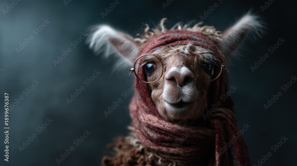 Obraz premium A whimsical llama dons a warm scarf and glasses, exuding charm and eccentricity in a captivating portrait that combines humor with a touch of warmth emanating from its character.