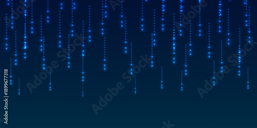 Glowing matrix waterfall with sparkling particles creates vertical tech pattern, featuring luminous drops and shimmering confetti against dark digital backdrop.