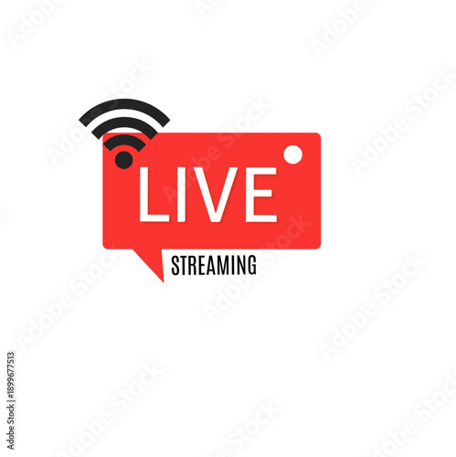 Minimalist vector icon featuring a red "LIVE" speech bubble, WiFi signal symbol, and "STREAMING" text. Professional graphic for social media, video platforms, and online broadcasting content.