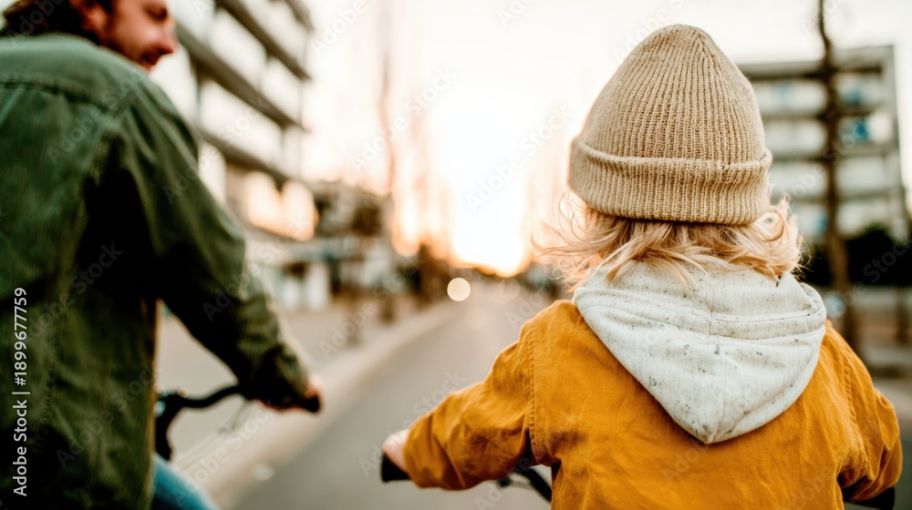 Fototapeta premium A heartwarming image of a parent and child riding bicycles together on a sunny street, capturing the essence of adventure, connection, and quality family time.