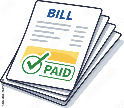 Stack of bills with a paid stamp and checkmark