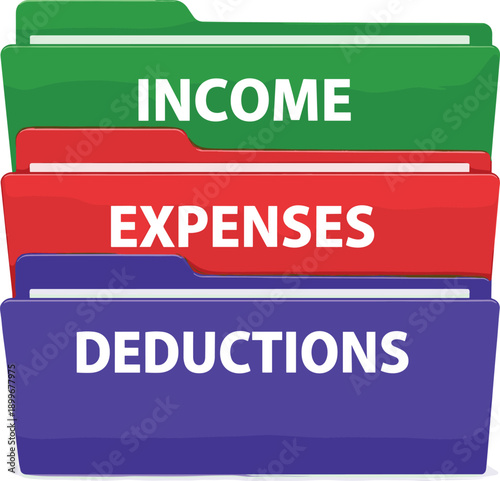 Three stacked file folders labeled Income, Expenses, Deductions