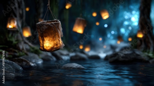 Breathtaking view of glowing lanterns suspended above a serene river, creating an enchanting atmosphere surrounded by lush greenery in a mystical setting.