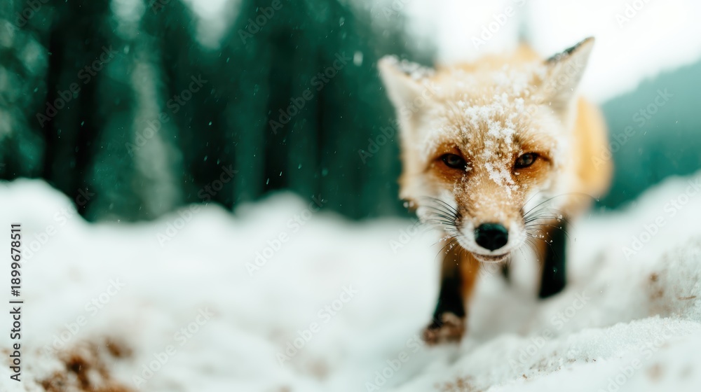 Fototapeta premium A curious fox ventures through a snowy landscape, its fur dusted with snowflakes, embodying the beauty and adventure of wildlife amidst a serene winter setting.
