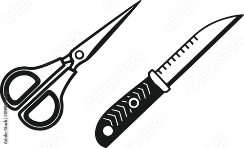 Scissors and Knife Icons, Cutting Tools, Sharp Objects, Vector Graphics