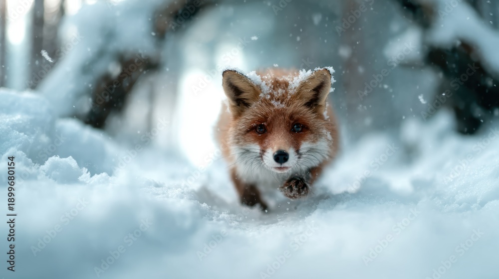 Naklejka premium A lively fox playfully runs through the snowy forest, capturing a moment of wildlife engagement in a beautiful winter landscape during a quiet snowy day.