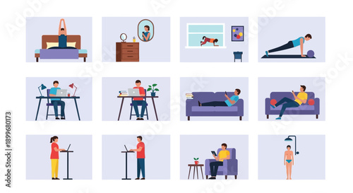 Collection of people engaging in various daily activities at home and office.