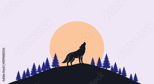 Silhouette of a wolf howling at the full moon on a hill surrounded by trees.