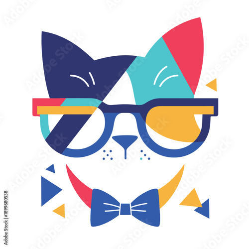 A cat design shows vibrant colors and shapes. It wears glasses and a bow tie. This design can appeal to kids and adds a fun element to any setting.