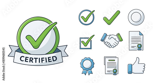 A collection of green and blue checkmark icons and certification symbols