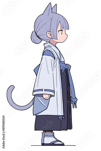 A cat girl character stands sideways wearing a traditional outfit. She has grey hair and a long tail. The setting appears to be simple and colorful, emphasizing her features.
