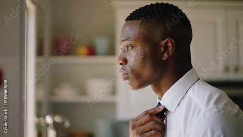 black young Man adjusting tie in the morning at home
