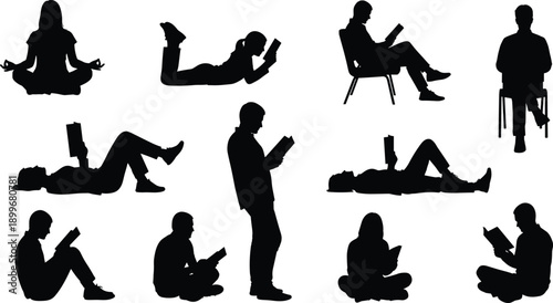 Black vector silhouette set of diverse people reading books in various poses like sitting standing and lying down for education and relaxation branding