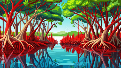 Very beautiful close-up view of lush red mangrove bushes with arching stilt roots reflected in calm water, highlighting tropical wetland beauty, resilience, and rich coastal ecosystems.