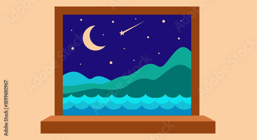 Night sky with stars and moon visible through a window.