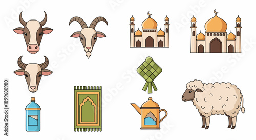 Islamic Holiday Icons Eid al-Adha symbols including sheep, goat, cow, mosque, prayer mat, ketupat, and water dispenser