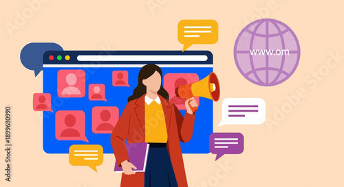 Woman promoting online content with megaphone and social media icons.