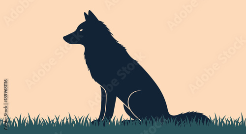 Silhouette of a wolf sitting in the grass.