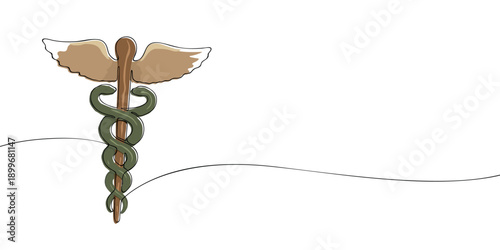 Illustration of a colored caduceus with a winged staff and two intertwined snakes, symbolizing medicine, healthcare, communication, and medical services.