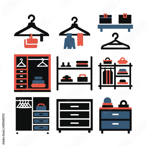 Collection of Wardrobe and Clothing Storage Furniture Icons.