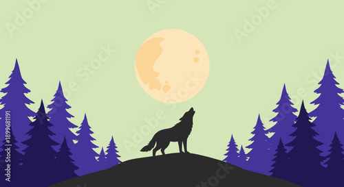 Silhouette of a wolf howling at the full moon in a forest.