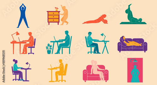 Colorful illustrations of people in various yoga and relaxation poses.