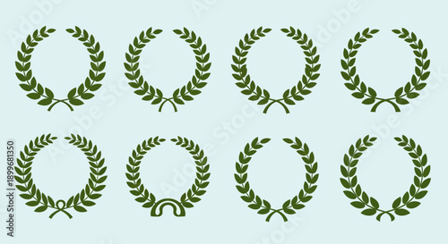 Collection of green laurel wreath illustrations on light background.