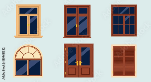 Collection of various wooden windows and doors in different styles.