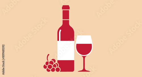 Red wine bottle and glass with grapes illustration.
