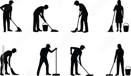 Black vector silhouette set of professional cleaners using brooms and mops with buckets for concepts of janitorial service house cleaning hygiene and sanitation