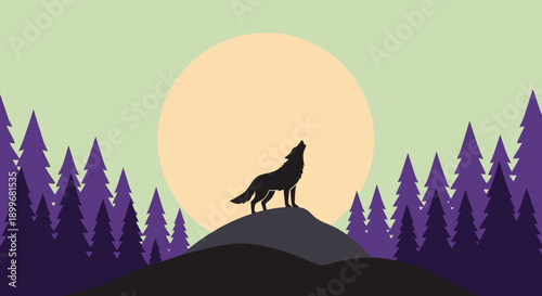 Silhouette of a wolf howling at the full moon in a forest landscape.