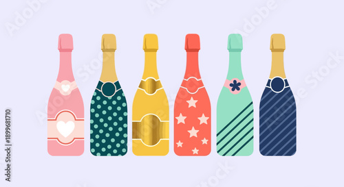Six colorful champagne bottles with different patterns and designs.