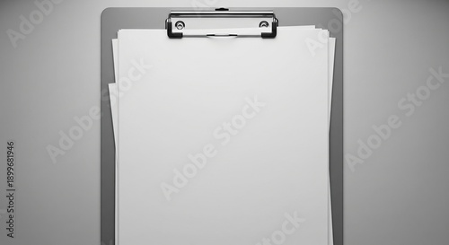 Blank clipboard with empty paper sheets on gray background