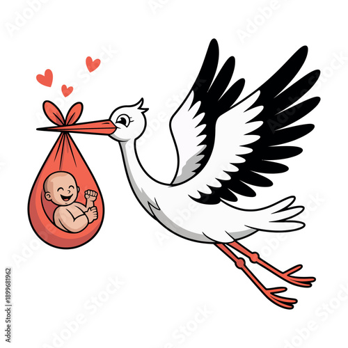 A cartoon stork delivering a happy baby in a red sack