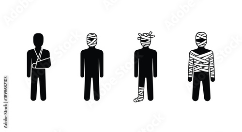 Injured people depicted in a stark black silhouette