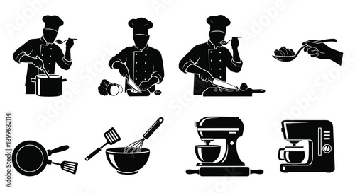 Black silhouettes of chefs cooking and kitchen tools silhouette